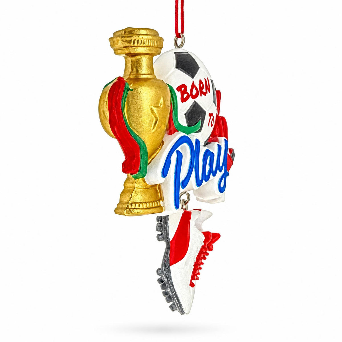 Born To Play Soccer Ball Cleats Trophy and Gloves Resin Christmas Ornament