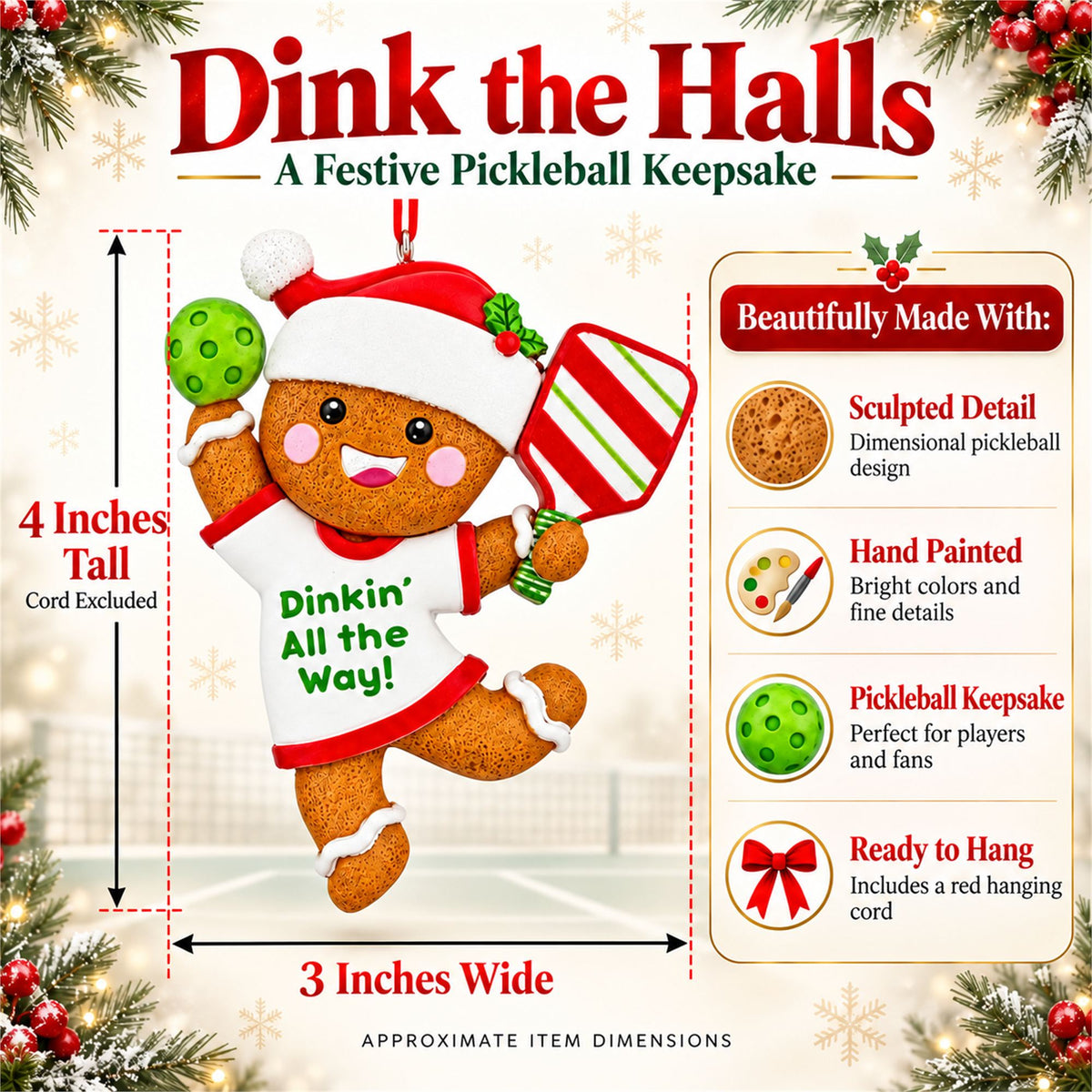 Dinkin' All The Way Gingerbread Pickleball Resin Christmas Ornament