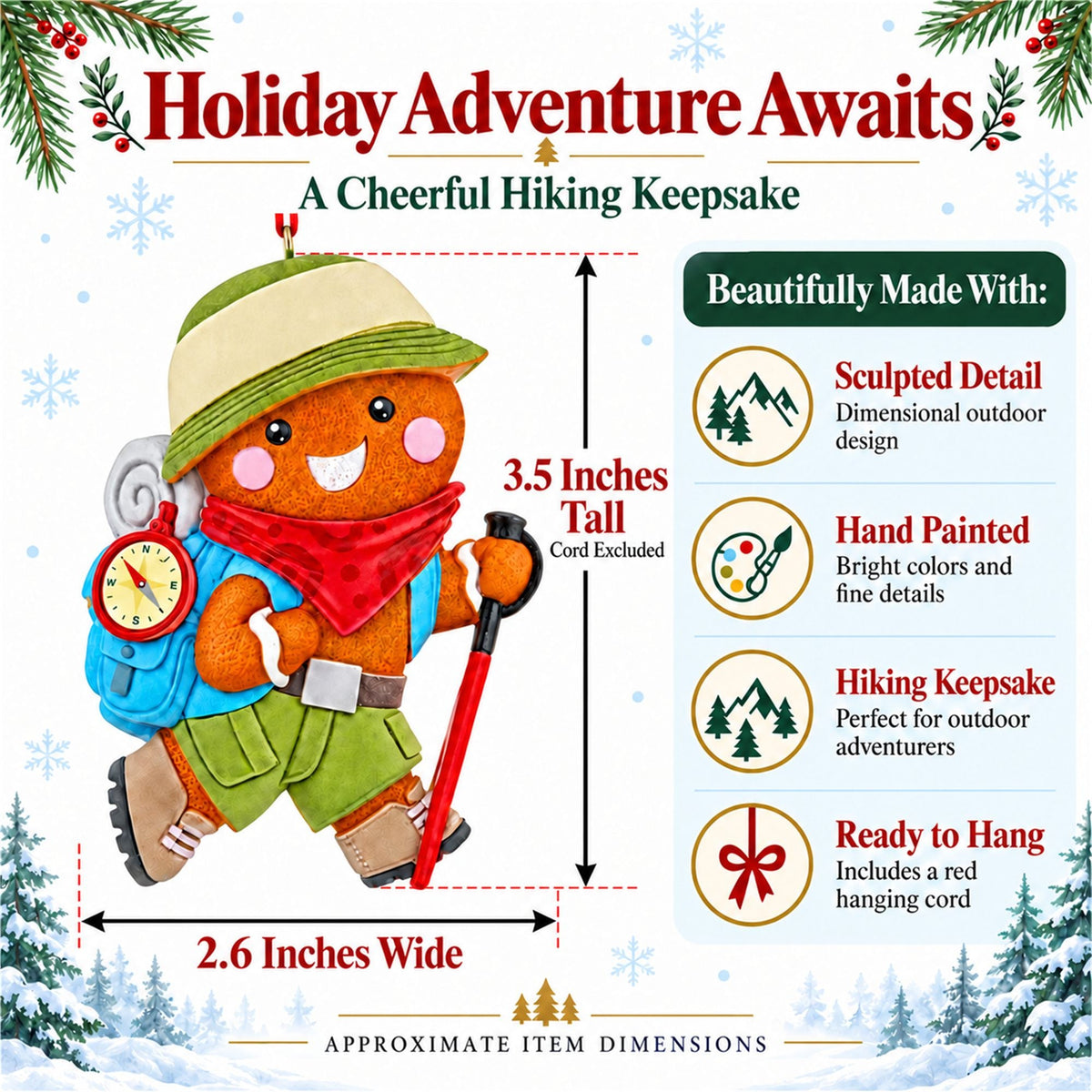 Hiking Gingerbread Man With Backpack Compass Resin Christmas Ornament