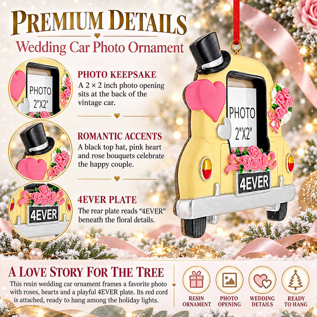 Just Married Wedding Car 2x2 Photo Frame Resin Christmas Ornament