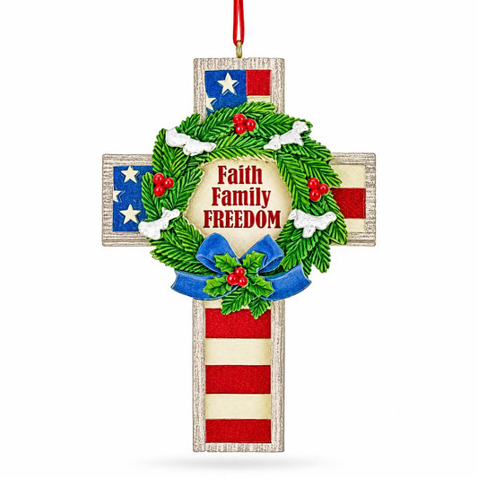 American Flag Patriotic Cross Faith Family Freedom Resin Christmas Ornament