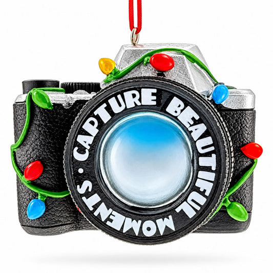 Vintage Black Camera With Holiday Lights Resin Christmas Ornament