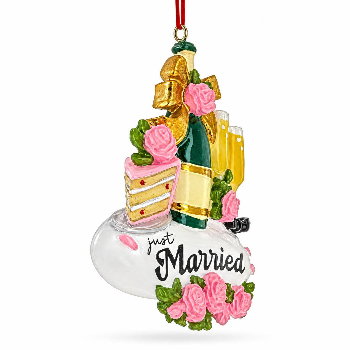 Just Married Champagne Flutes And Cake Resin Christmas Ornament