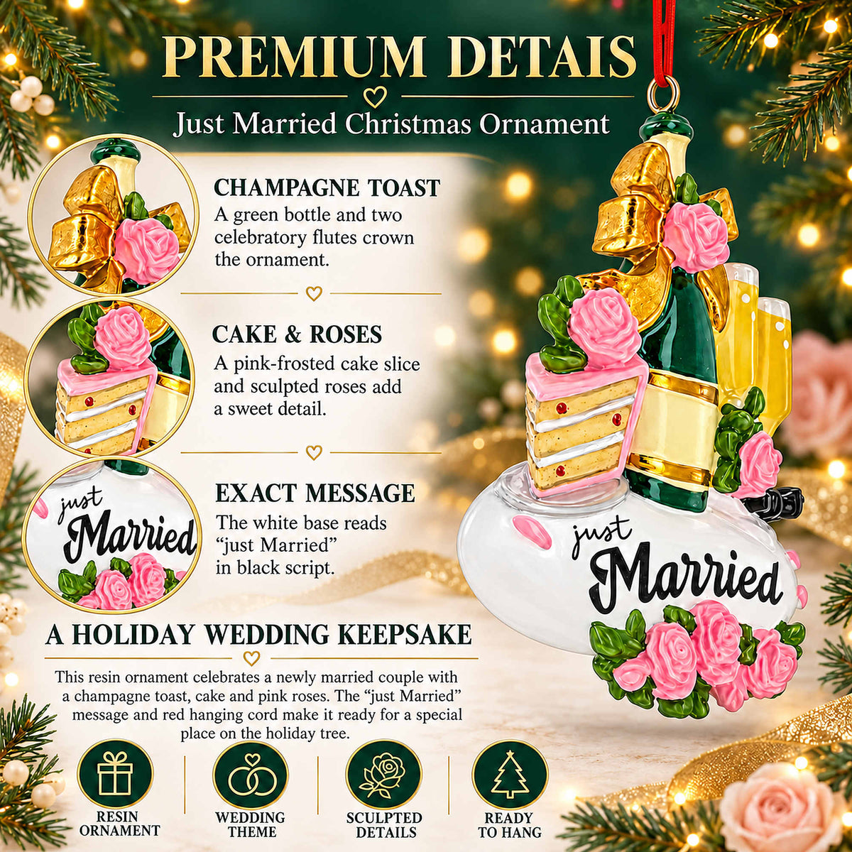 Just Married Champagne Flutes And Cake Resin Christmas Ornament