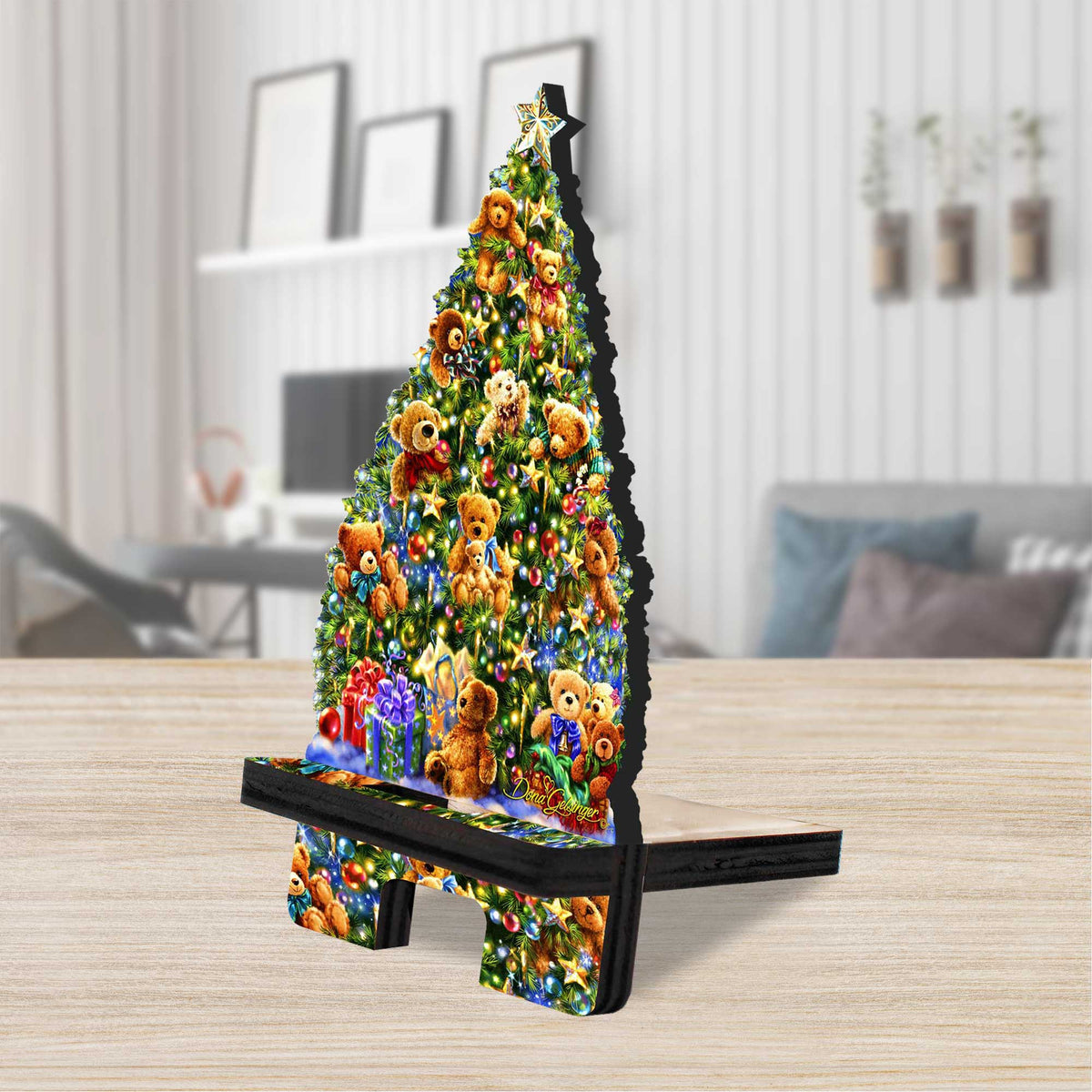 Christmas Tree Teddy Bears Cell Phone Stand Christmas Decor Wood Mobile Tablet Holder Charging Station Organizer - 892082C-DG