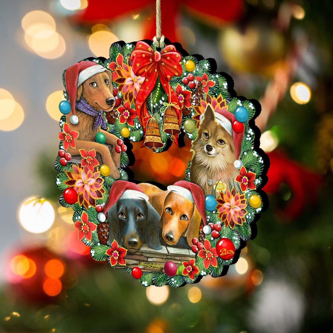 Christmas Friends Puppy Wreath Wooden Ornaments by G. DeBrekht and L. Seeley - Pets Dog and Cats Decor - 8185307-6-SL
