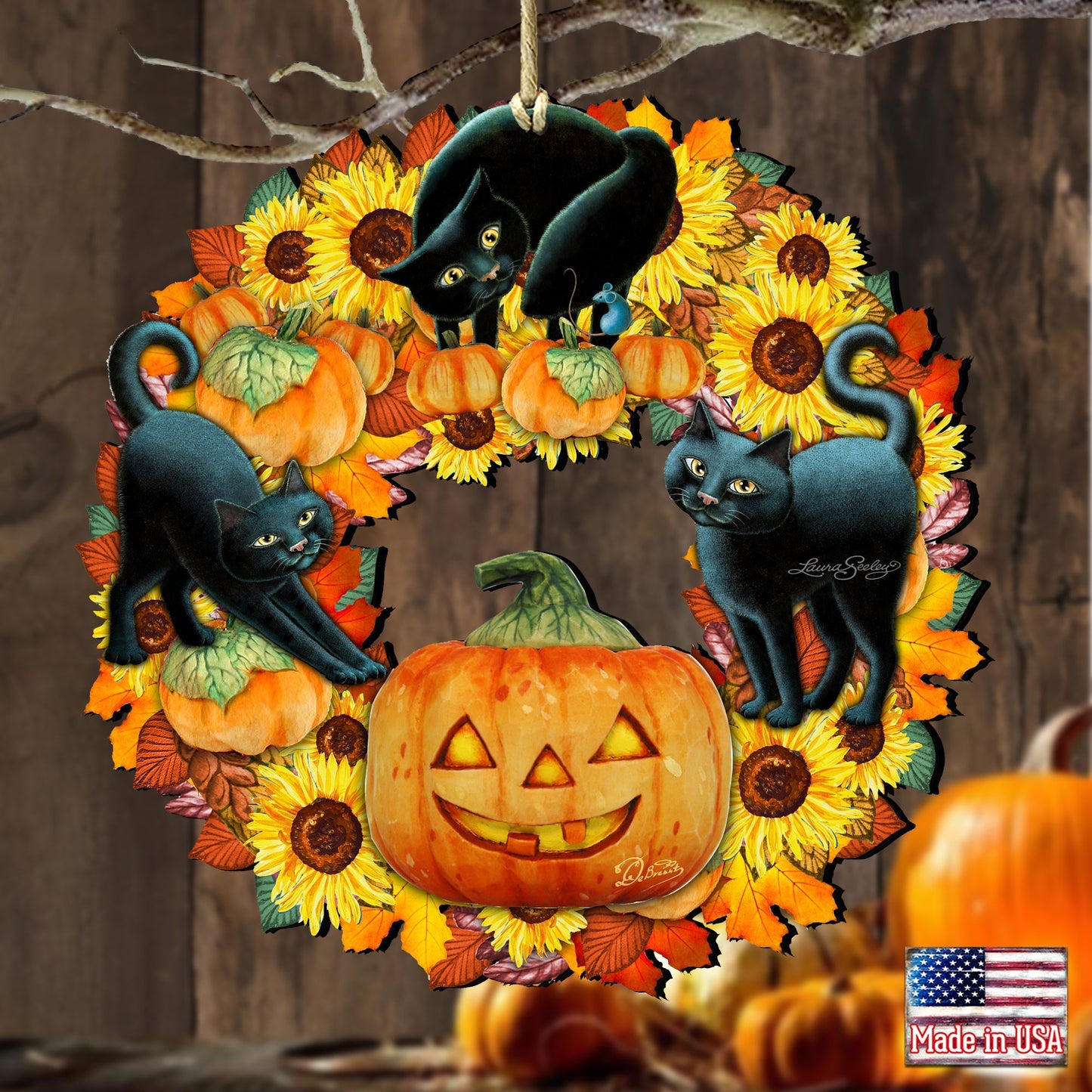 Halloween Cats Holiday Door Wreath by Laura Seeley - Thanksgiving Halloween Decor - 8185305-4H-SL
