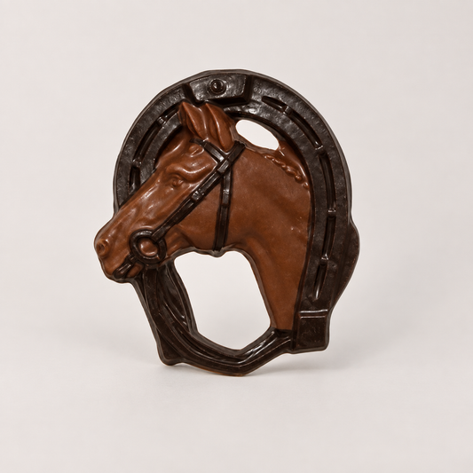 a brown horse head with a horseshoe