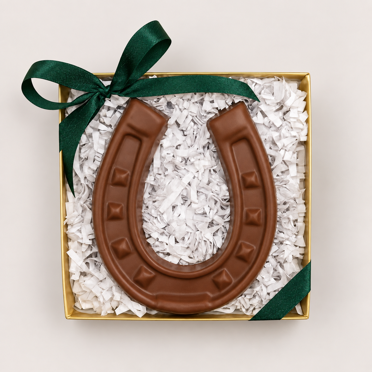 a chocolate horseshoe in a box