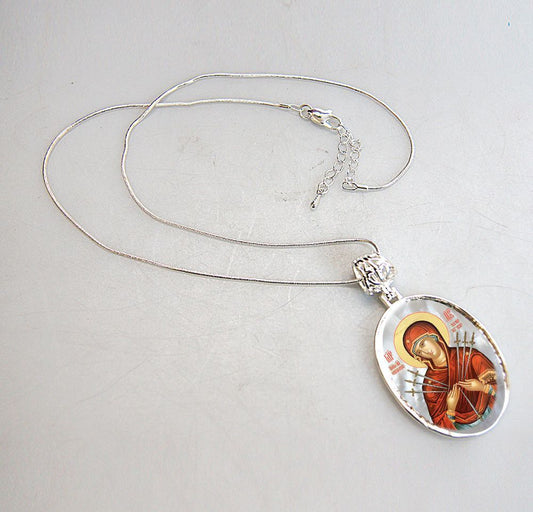 Virgin Mary of The Seven Swords Silver Plated Mother of Pearl Necklace - 43037