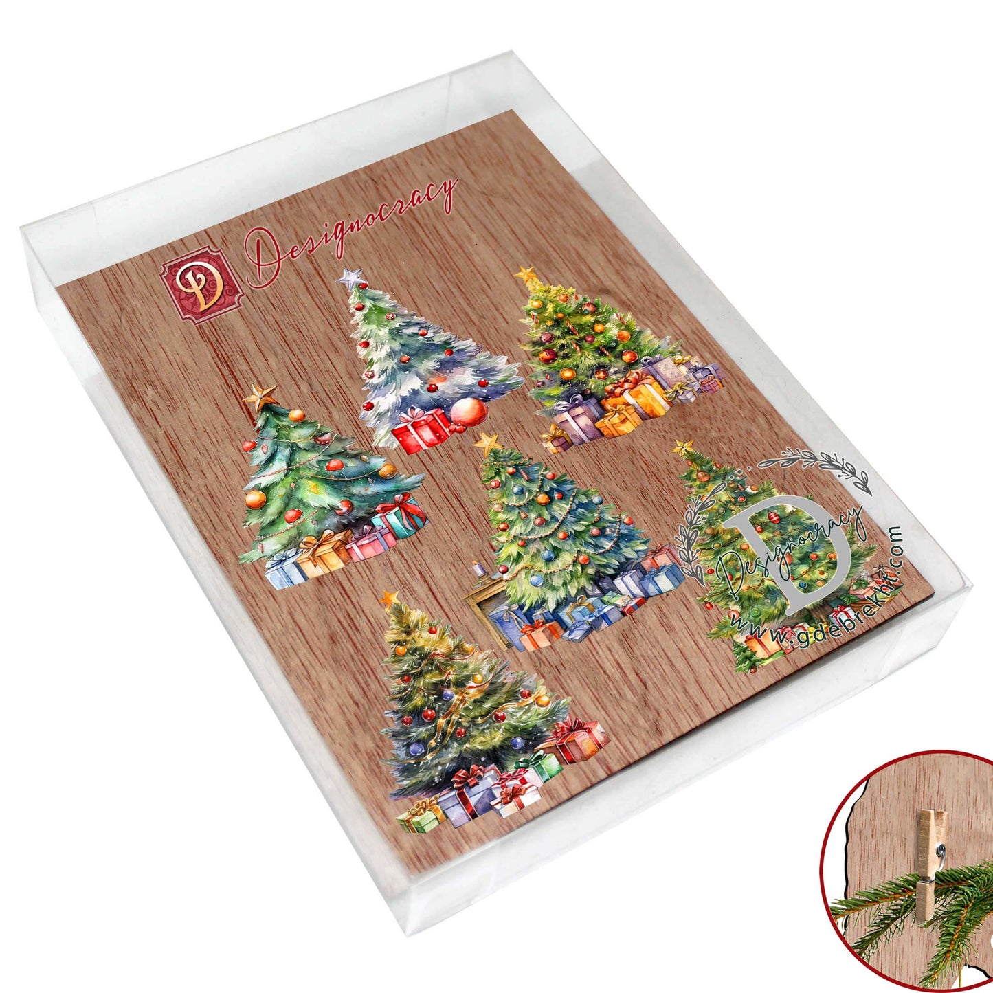 Christmas Tree Clip-On Eco Wood Decorative Ornaments Set of 6 by G. Debrekht - Christmas Decor - 8090044C-S6