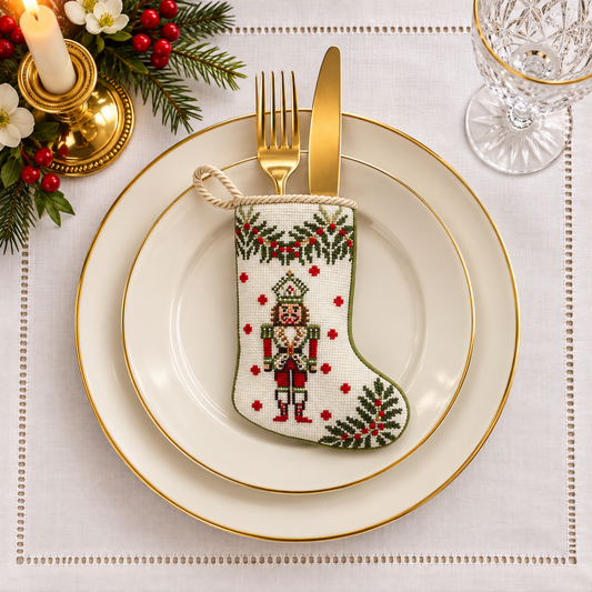 a fork and knife on a plate with a stocking