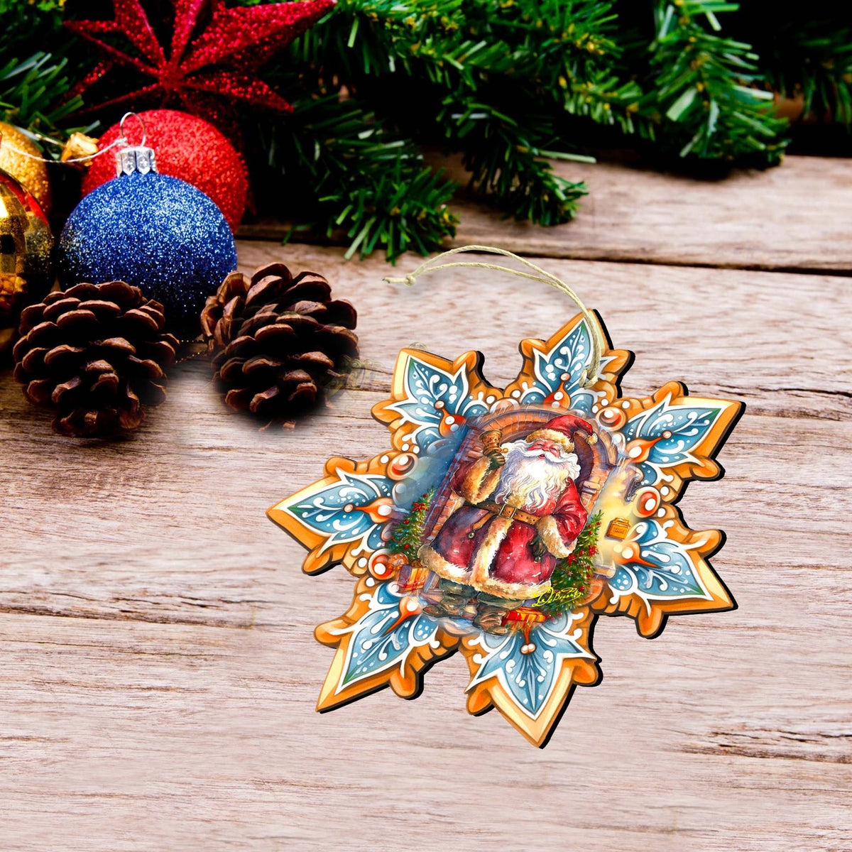 Santa's Greetings Snowflake Eco Wood Ornaments Set of 3 by G. Debrekht - Christmas Decor - 8090147-S3