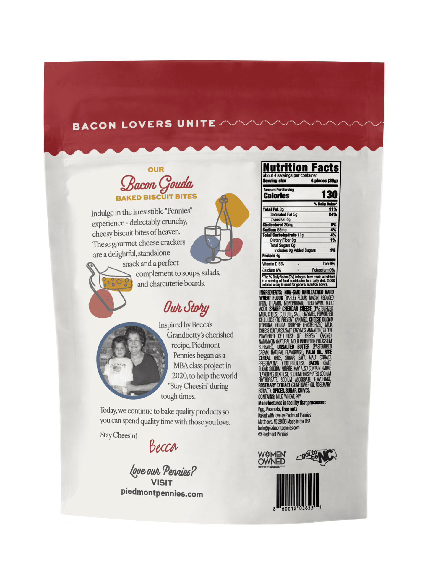 Piedmont Pennies Bacon Gouda Cheese Crackers Gourmet 4.5 oz. Pouch