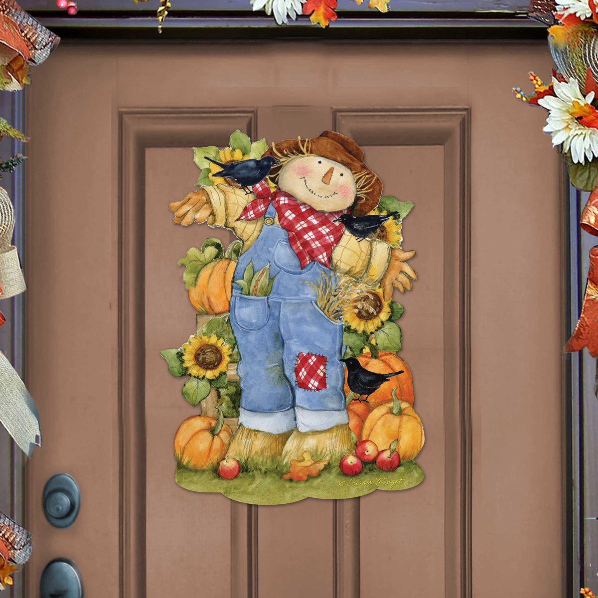 Front Door Fall Decoration Harvest Scarecrow Sign - Cornucopia - Rustic Handmade Gift Autumn Adornment by Susan Winget - 8471211H-SW