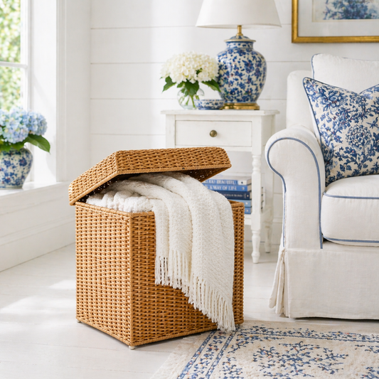 a wicker basket with a blanket in it