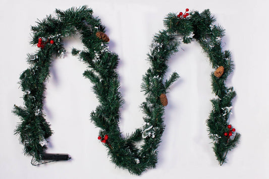 9' Pre-Lit Snow Flocked Garland with Pine Cones Berries, 20 Led Lights WW, 125 Tips Battery Operated