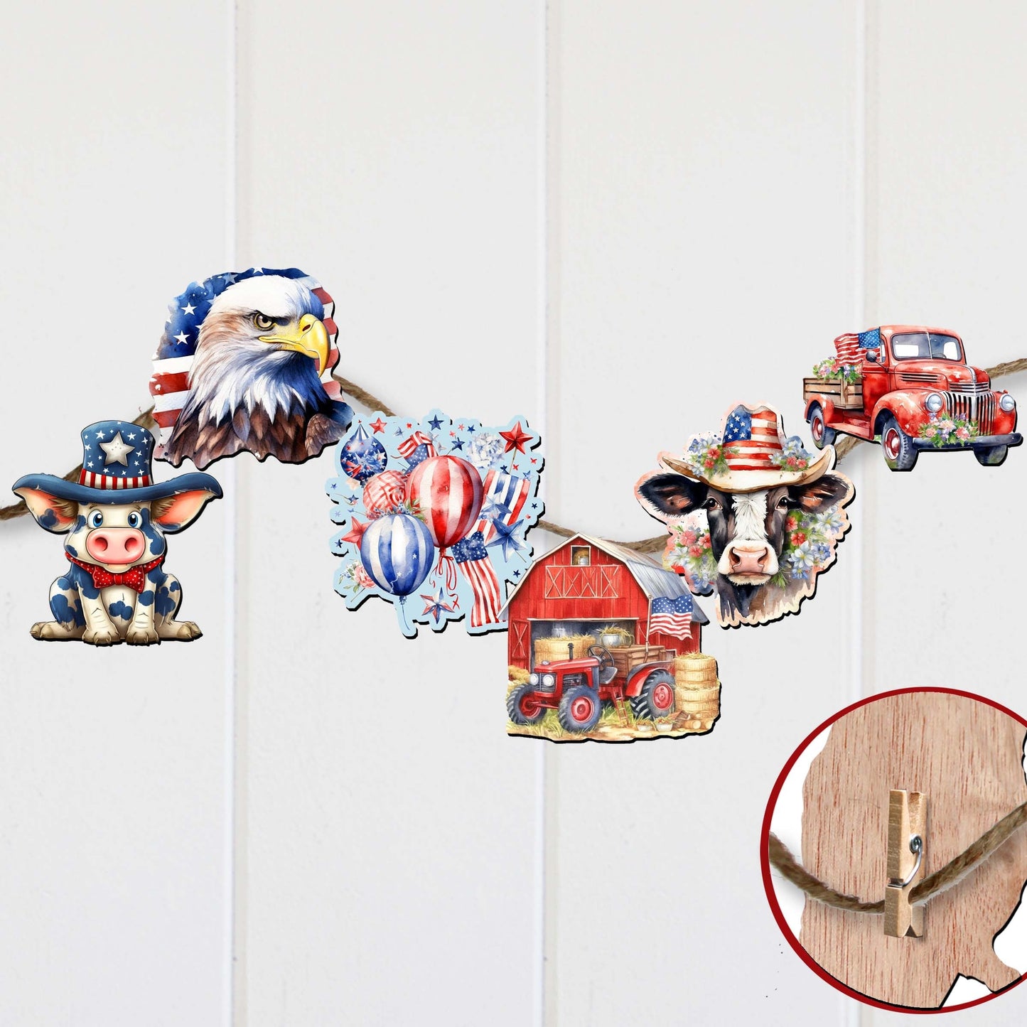 American flag Clip-On Eco Wood Decorative Ornaments Set of 6 by G. Debrekht - Patriotic Decor - 8090002C-S6