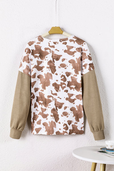 Apricot Animal Print Knitted Sleeve Patchwork Henley Top
