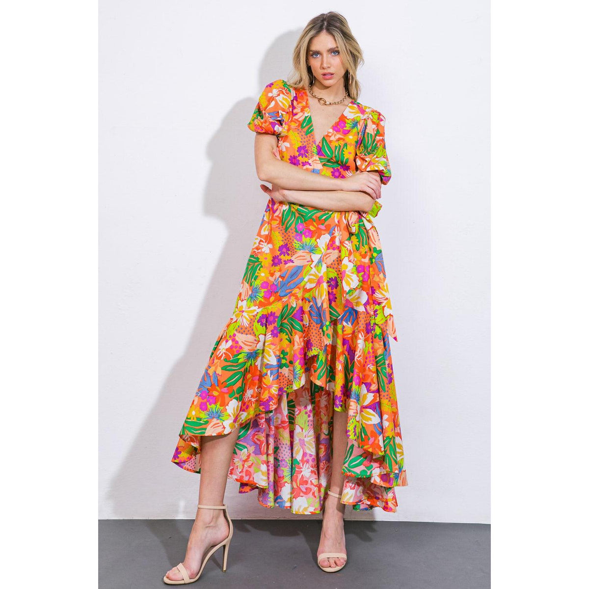 a woman in a colorful dress