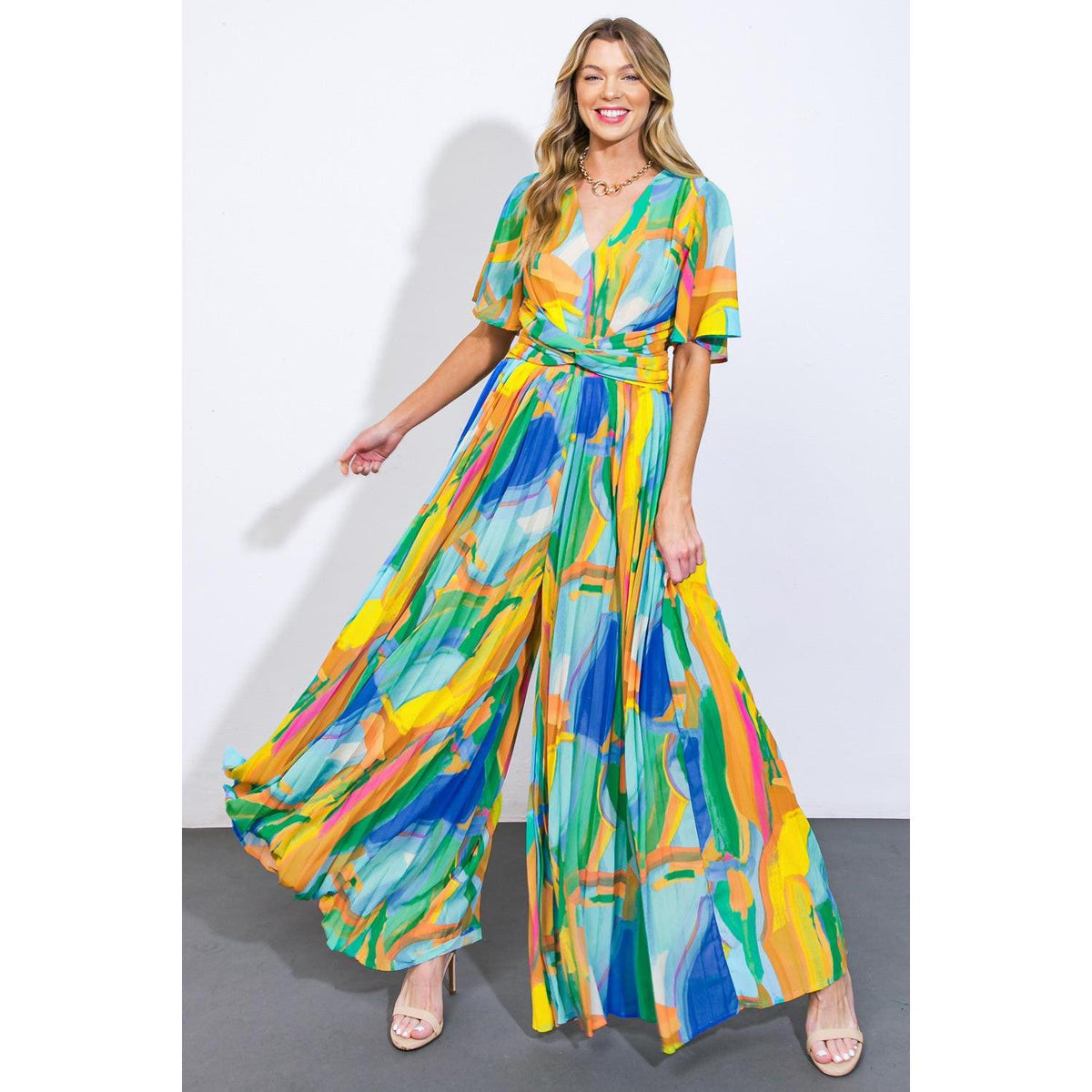 a woman in a colorful dress