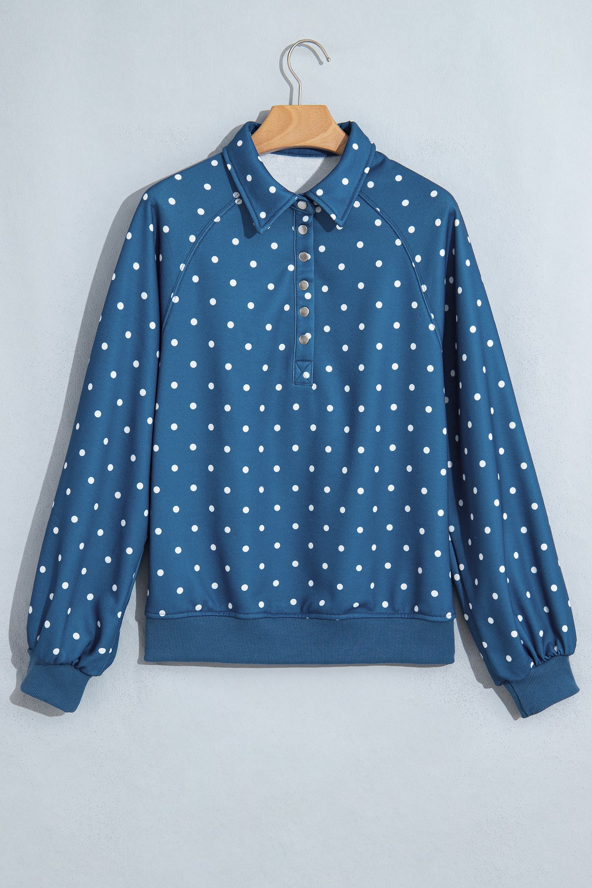 Red Polka Dot Print Metal Button Collar Casual Pullover Sweatshirt