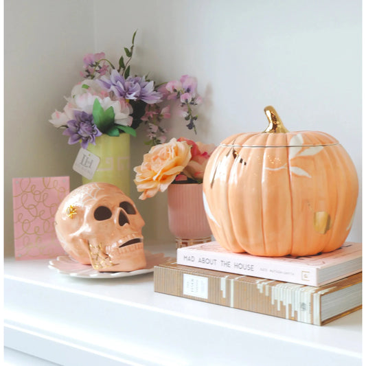 Layered Leaves Pumpkin Jars with 22K Gold Accents in Sheer Orange