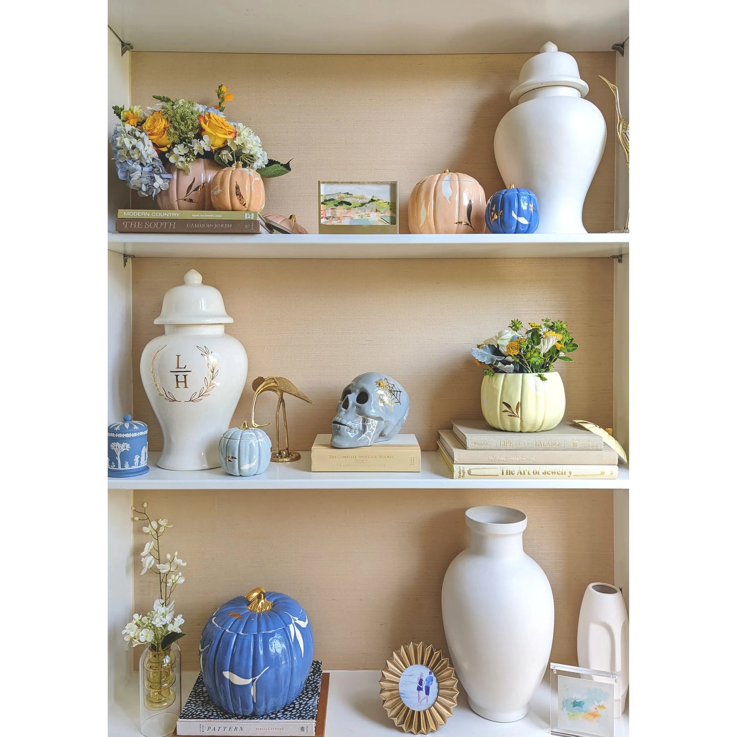 Layered Leaves Pumpkin Jars with 22K Gold Accents in French Blue