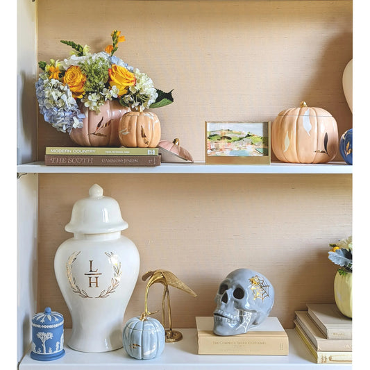Layered Leaves Pumpkin Jars with 22K Gold Accents in Light Blue
