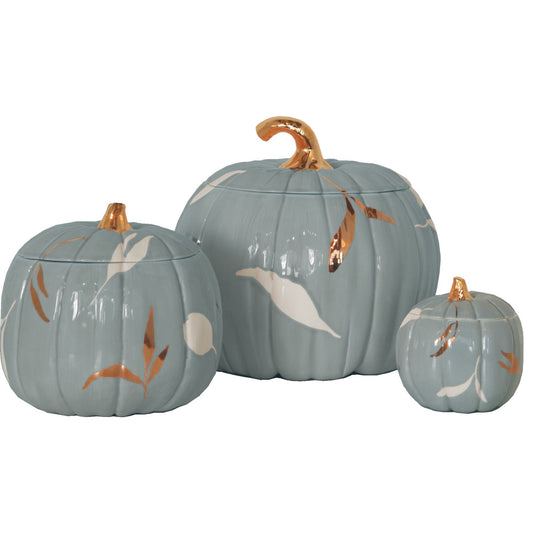 Layered Leaves Pumpkin Jars with 22K Gold Accents in Lamb's Ear
