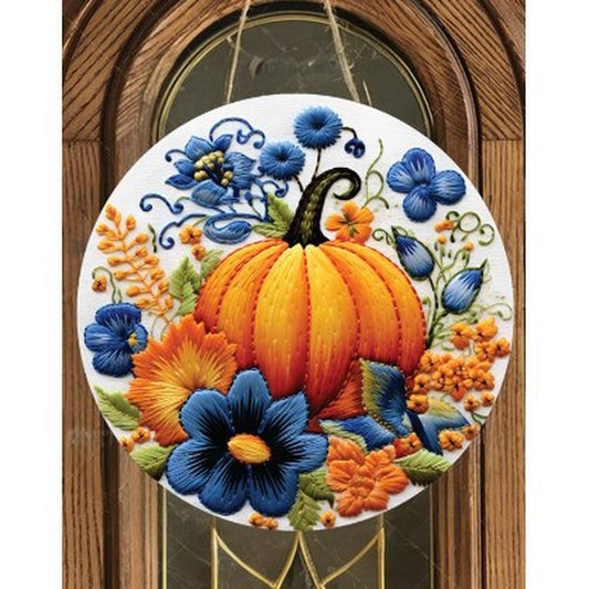 Faux Embroidery Pumpkin Blue Flowers Sign - Wreath Enhancement