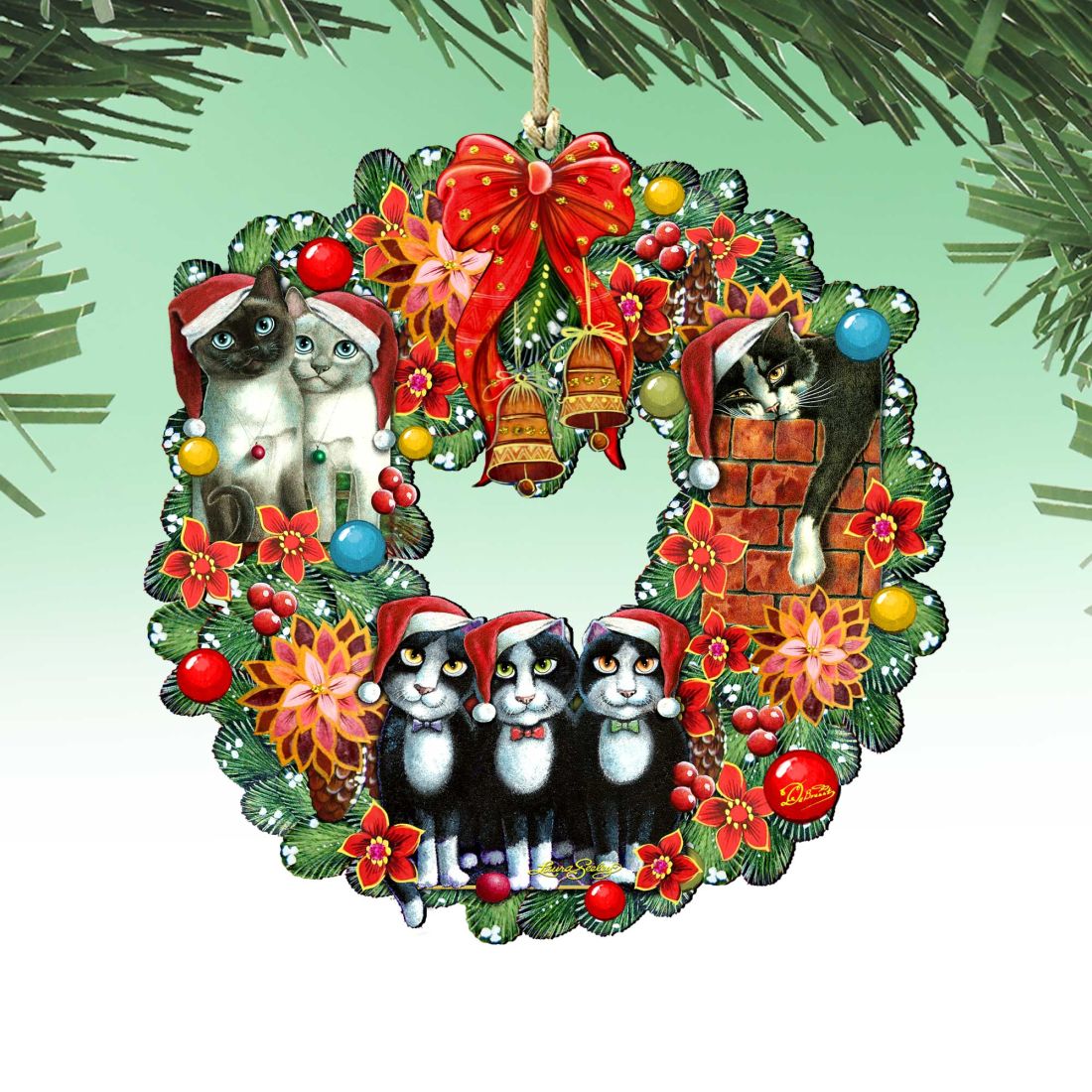 Christmas Friends Kitty Wreath Wooden Ornaments by G. DeBrekht and L. Seeley - Pets Dog and Cats Decor - 8185307-5-SL