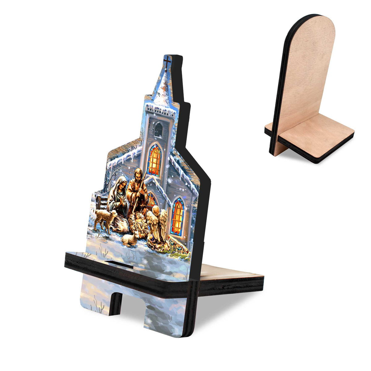 Holy Night Winter Cathedral Cell Phone Stand Inspirational Decor Wood Mobile Tablet Holder Charging Station Organizer - 892080C-DG