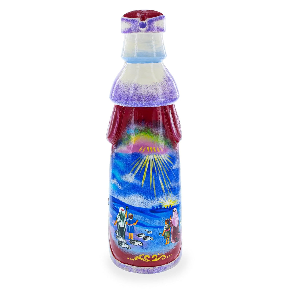 a colorful bottle with a picture of a sun and snowman