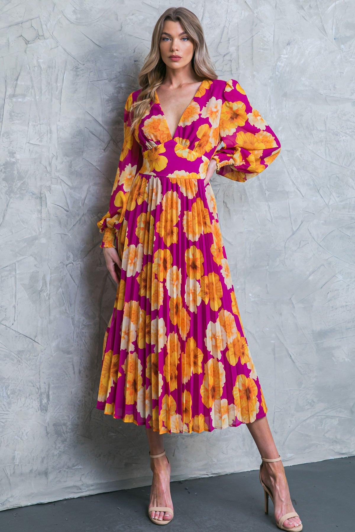 a woman in a floral dress