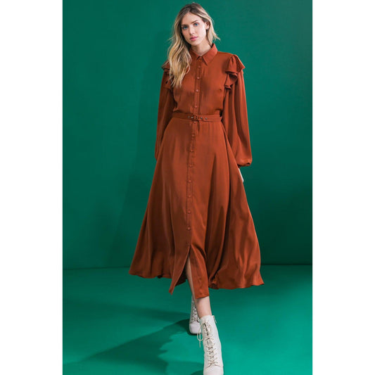 TIER ELEGANCE BROWN WOVEN MIDI DRESS