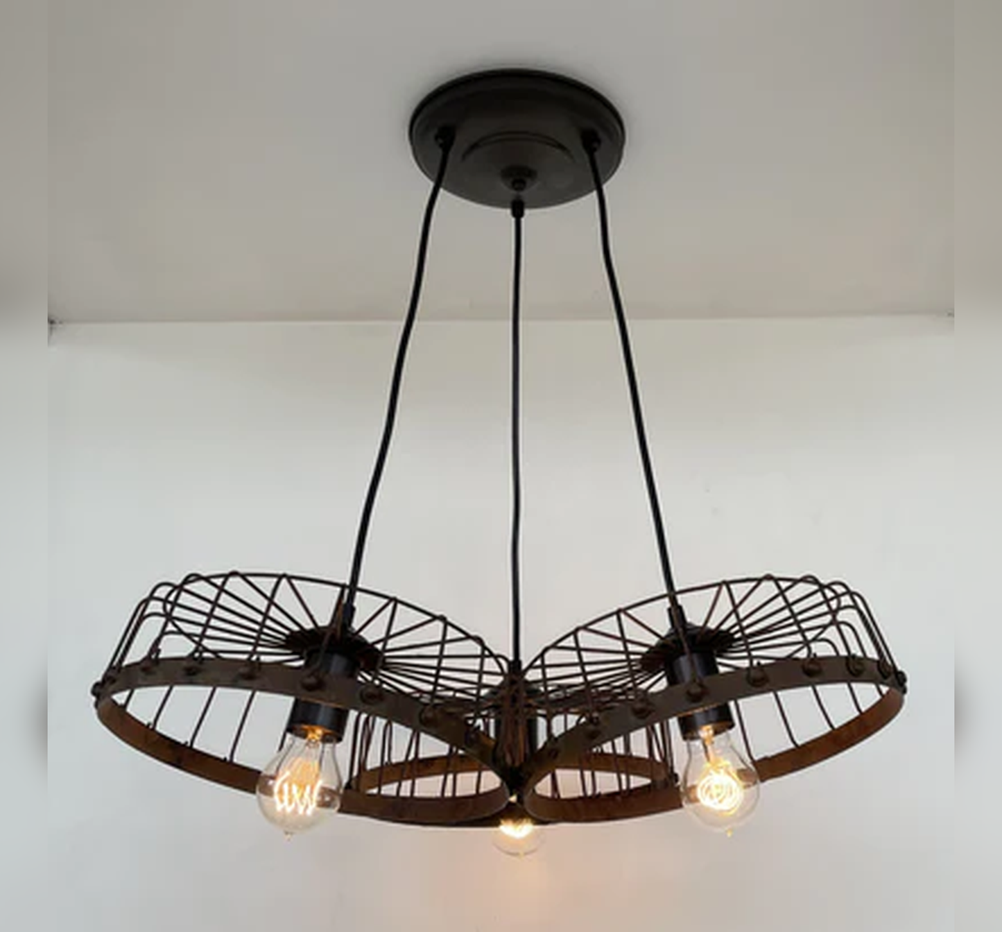 Rustic Industrial Wagon Wheel CHANDELIER TRIO Light