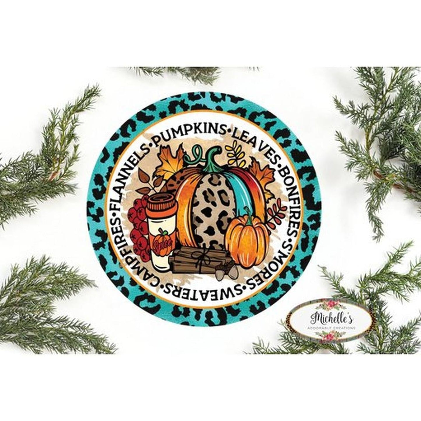 Flannels Pumpkins Leaves Teal Leopard Sign