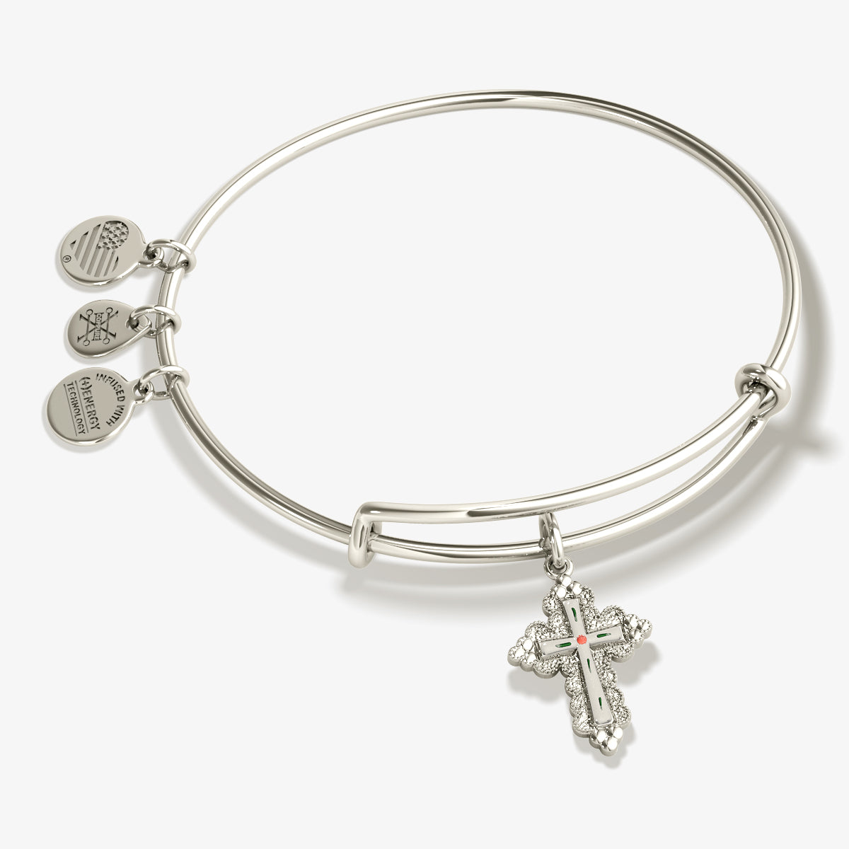a silver bracelet with a cross on it