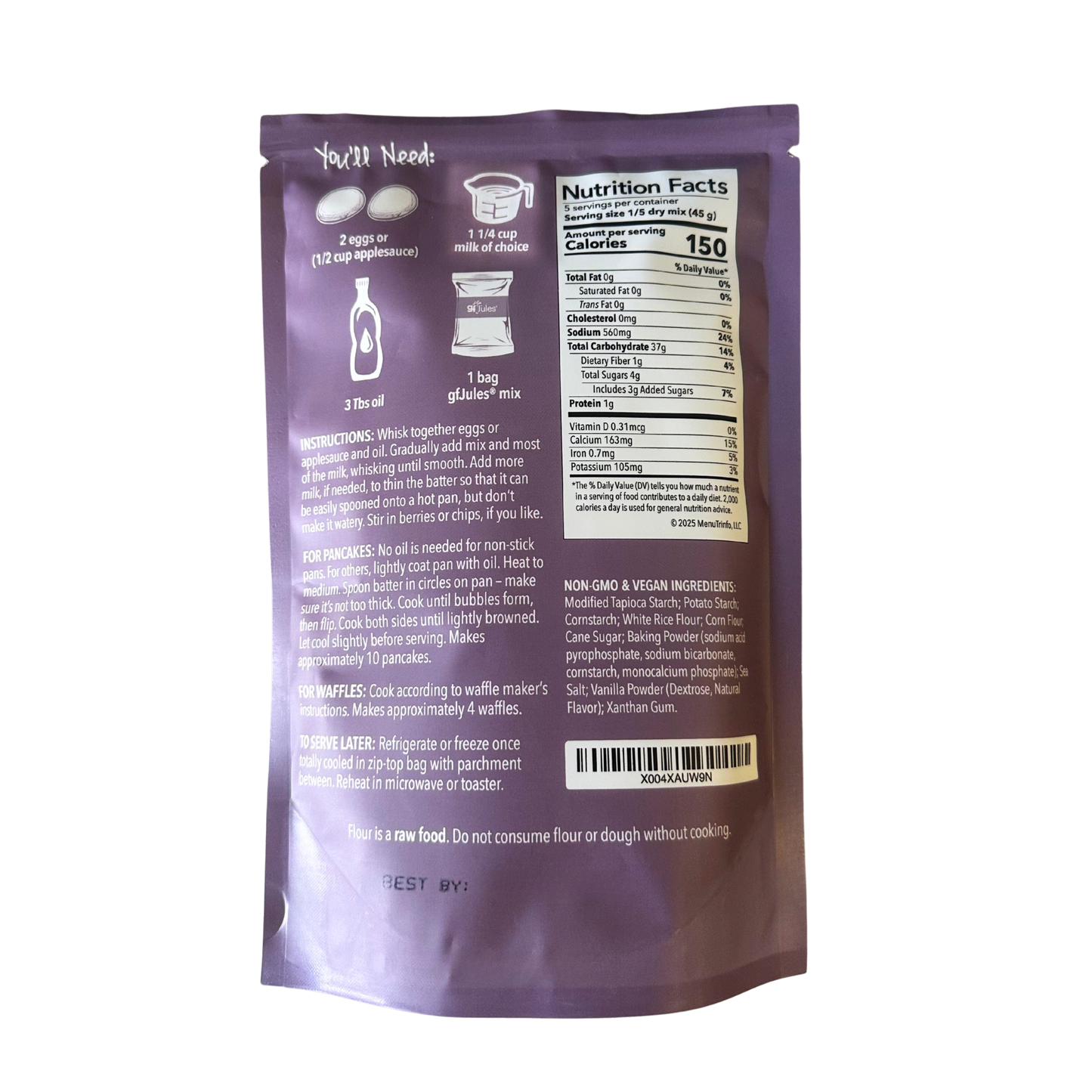Back of a purple package with nutritional information and ingredients listed on a white background