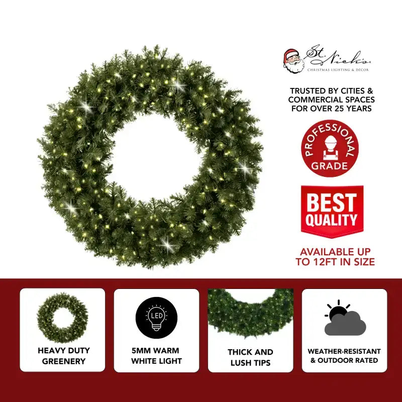 a green wreath with lights