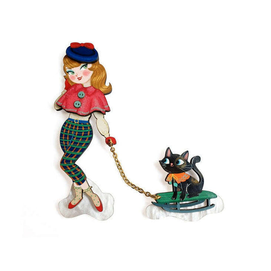 Girl with Cat on Sled Brooch by Laliblue