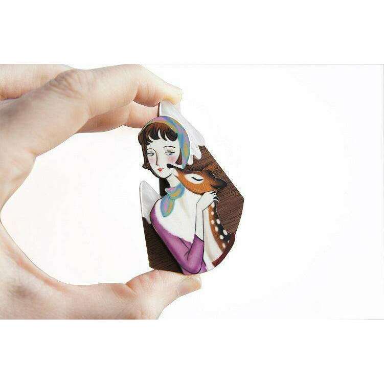 Girl with Deer and Mountains Brooch by Laliblue
