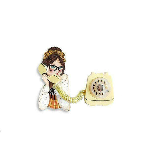 Girl with Phone Collar Clip Brooch by Laliblue
