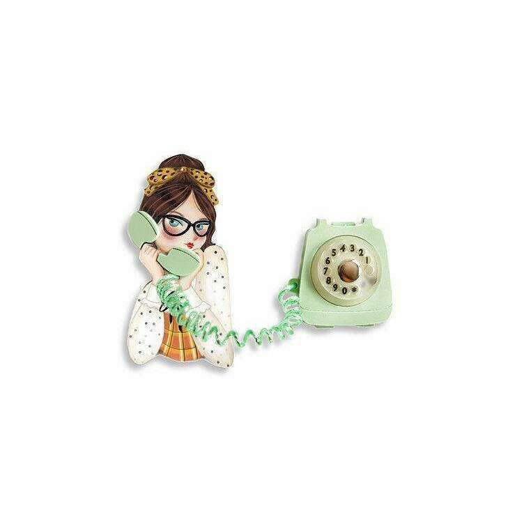 Girl with Phone Collar Clip Brooch by Laliblue