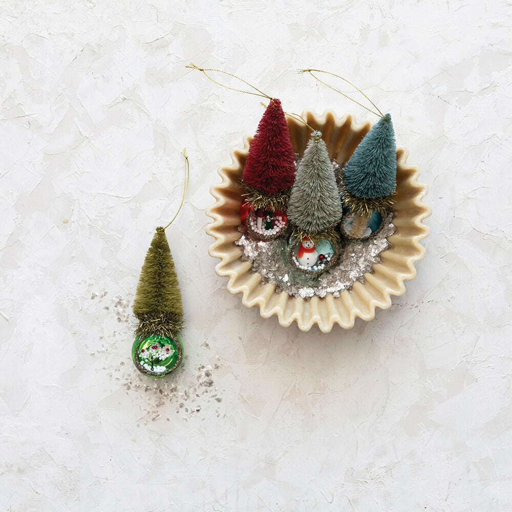 Glass Diorama Ornament w/ Bottle Brush Tree, Set of 4