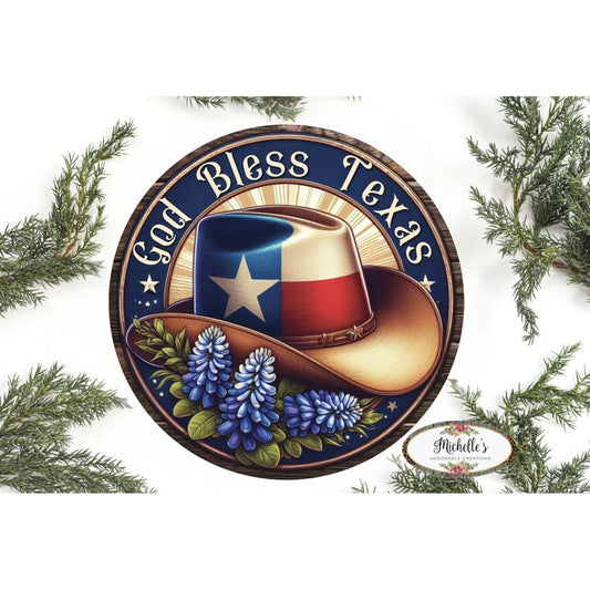 God Bless Texas Bluebonnet Cowboy Hat Sign