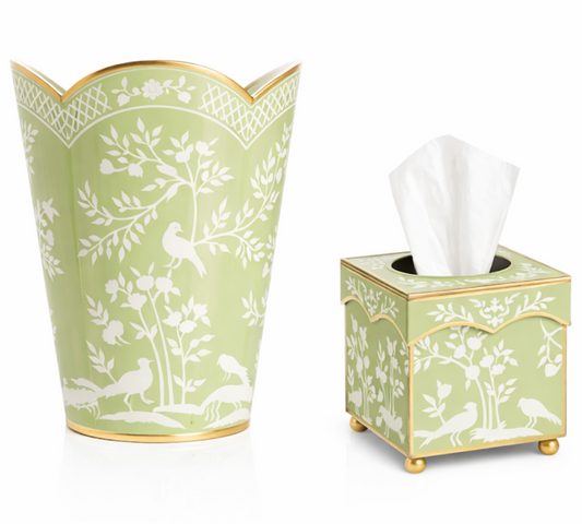 a green and gold box with a tissue box