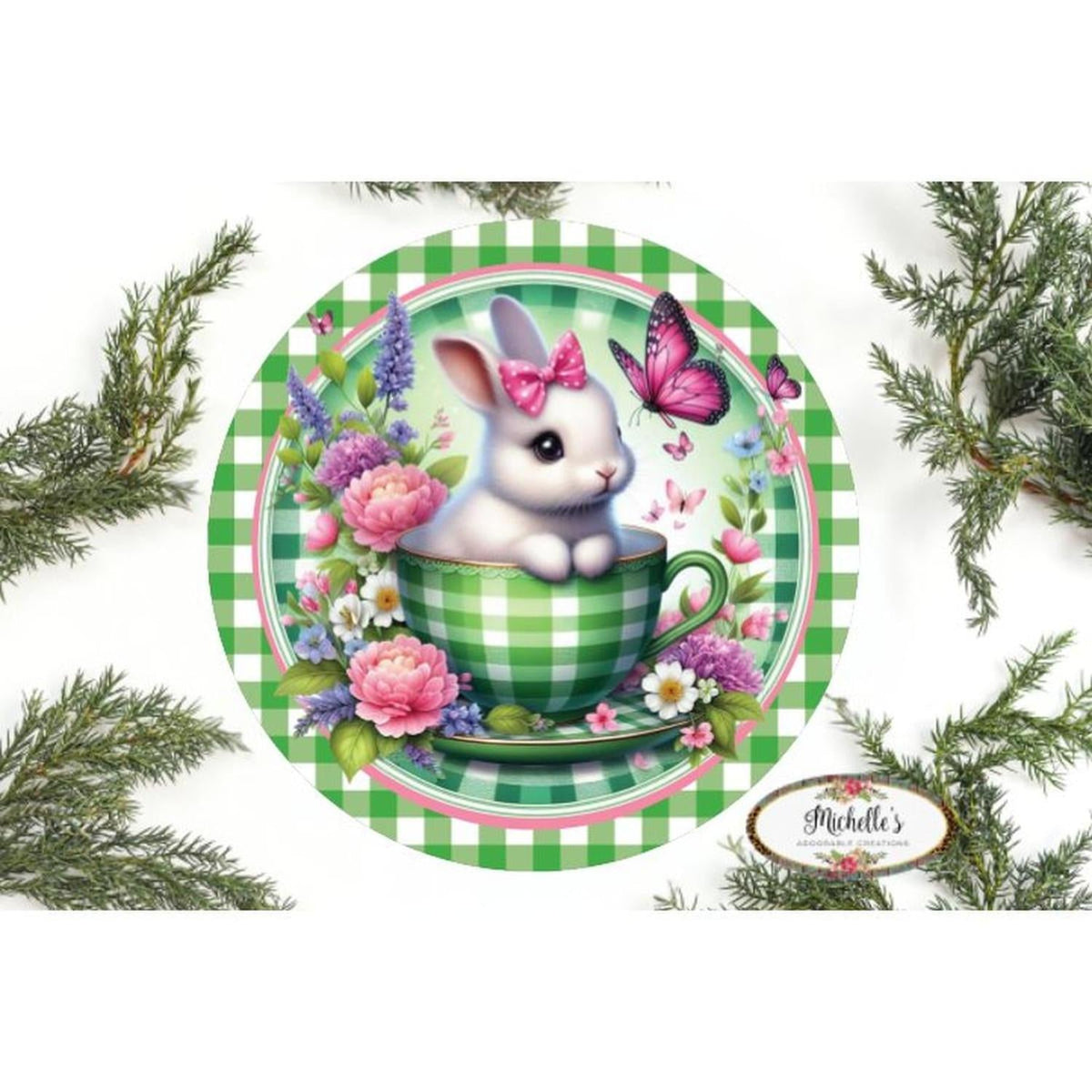 Green Check Easter Spring Bunny Teacup Sign