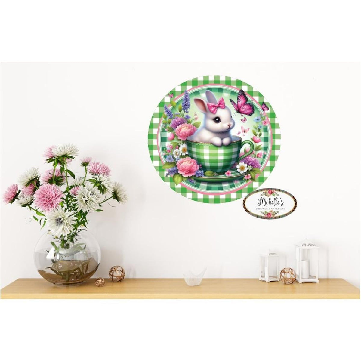 Green Check Easter Spring Bunny Teacup Sign